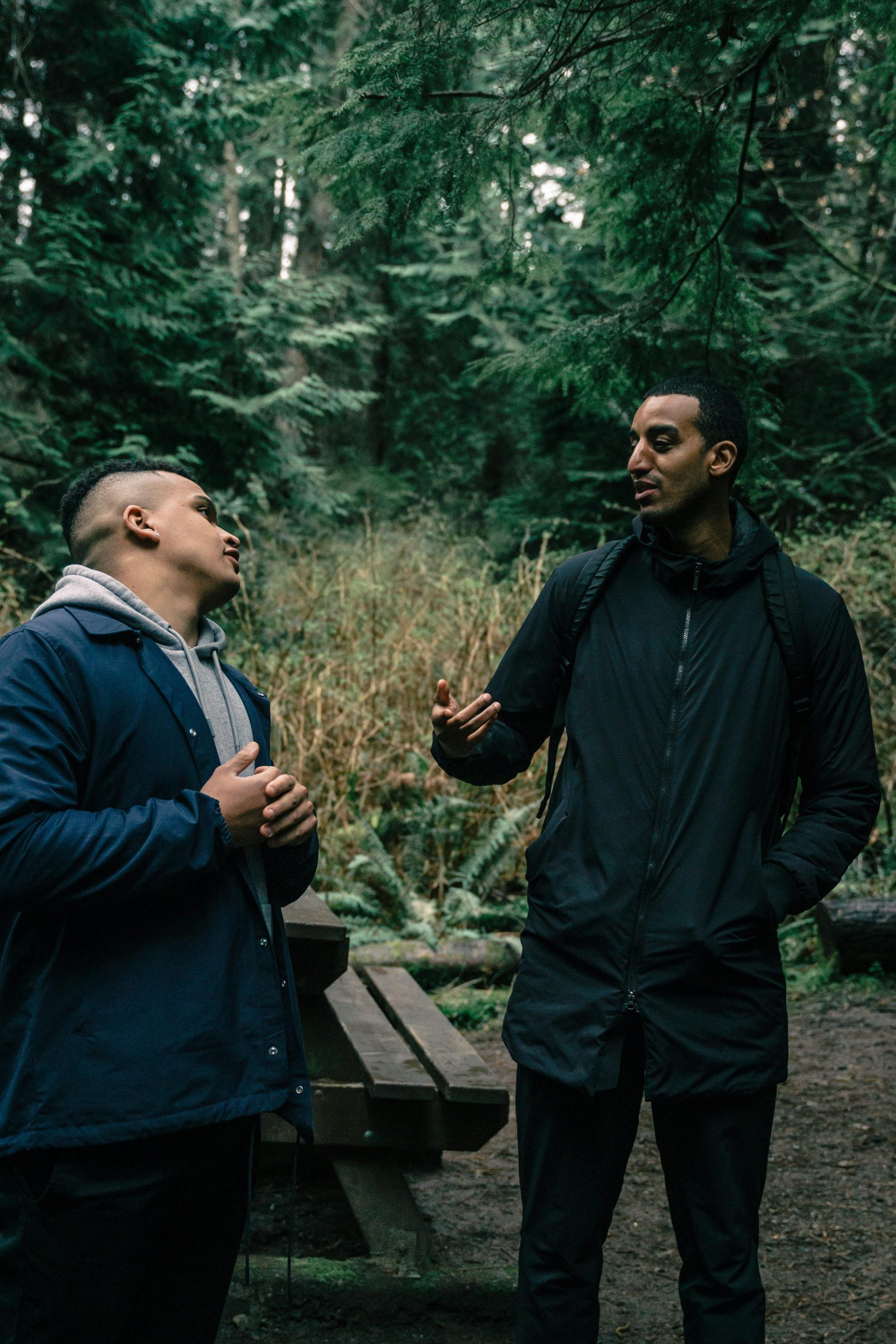 Two men standing and talking in a lush forest, surrounded by greenery and outdoor park elements.